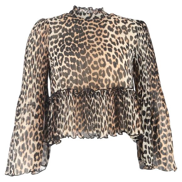 Ganni Leopard-Print Long-Sleeve Blouse in Brown Polyester - Picture 1 of 3